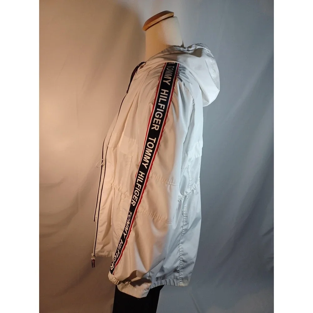 Tommy Hilfiger Jacket Mens 2XL White Hooded Windbreaker‎ Logo Tape Zip Casual